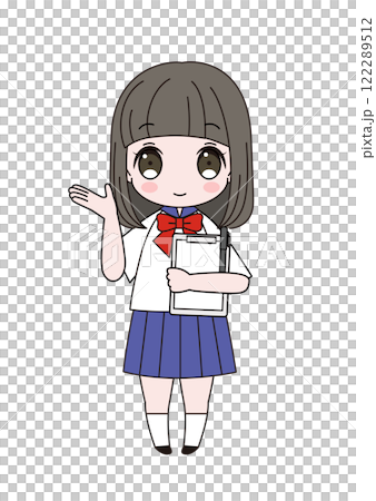 メモボードを持ってどうぞと案内のポーズをしているセーラー服姿の女子生徒の全身イラスト 122289512