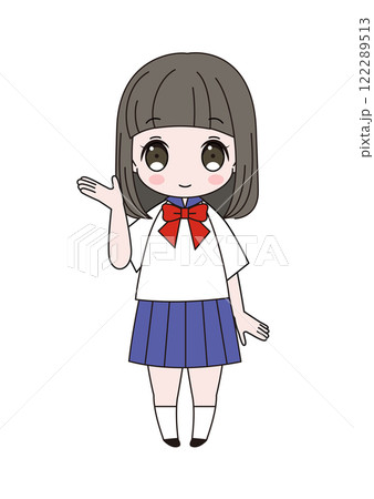 どうぞと案内しているポーズのセーラー服姿の女子生徒の全身イラスト 122289513