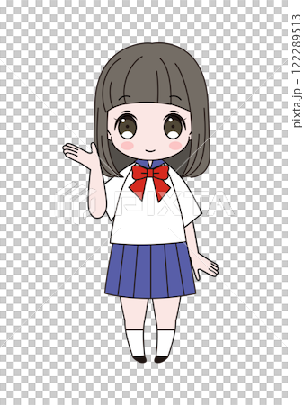 どうぞと案内しているポーズのセーラー服姿の女子生徒の全身イラスト 122289513