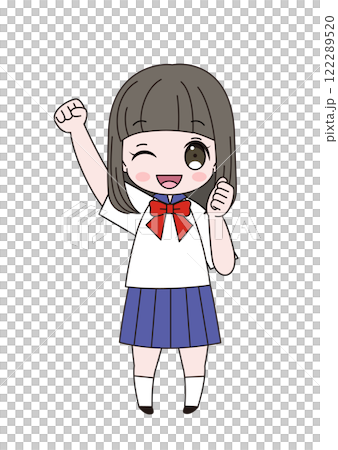 身穿水手服的女學生握拳並眨眼的全身插圖 122289520