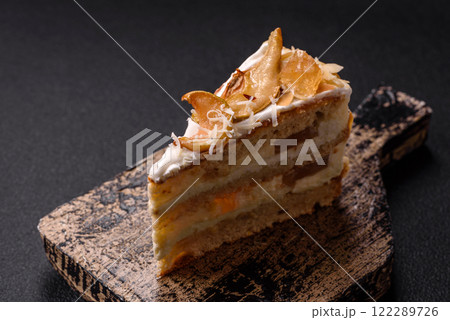Layered sweet cake with cream, pear and dorblu cheese 122289726