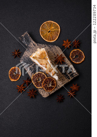 Layered sweet cake with cream, pear and dorblu cheese 122289734