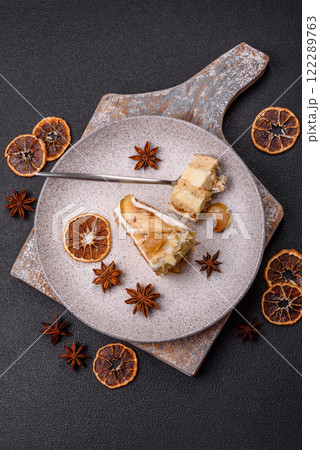 Layered sweet cake with cream, pear and dorblu cheese Layered sweet cake with cream, pear and dorblu cheese 122289763