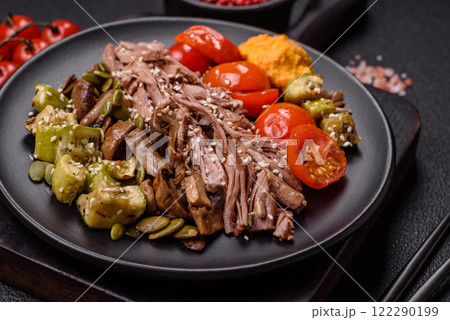 Boiled beef with vegetables, grains, seeds and spices 122290199