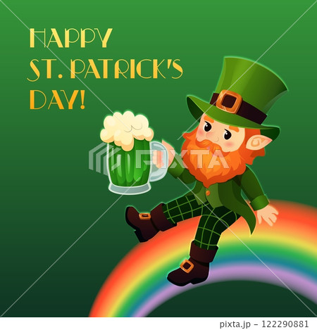 Charming vector illustration of a cheerful leprechaun sitting on a rainbow, holding a mug of frothy green beer, with a 'Happy St. Patrick's Day' greeting. A vibrant and playful design perfect for 122290881