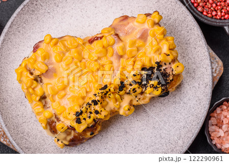 Sandwich with brioche, meat, melted cheese, corn, salt, spices and herbs Sandwich with brioche, meat, melted cheese, corn, salt, spices and herbs 122290961