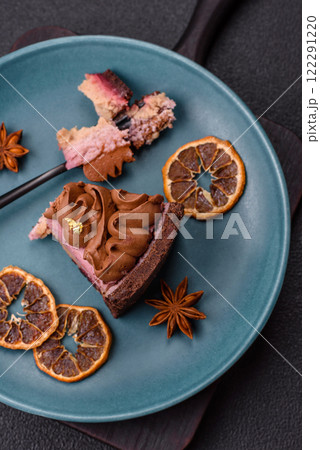 A piece of sweet cheesecake with mascarpone cheese, strawberry flavor 122291220