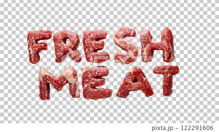 Fresh meat arranged in text form showcasing its vibrant color and natural texture against a plain background 122291606