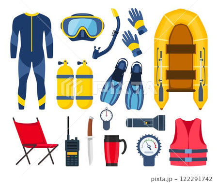 Scuba diving gear and accessories. Diver, aqualung, oxygen cylinders, wetsuit, scuba mask, snorkel, boat, camp, vest, flippers, life jacket, fins, boat, etc. Vector illustration 122291742