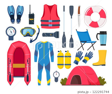 Scuba diving gear and accessories. Diver, aqualung, oxygen cylinders, wetsuit, scuba mask, snorkel, boat, camp, vest, flippers, life jacket, fins, boat, etc. Vector illustration Scuba diving gear and accessories. Diver, aqualung, oxygen cylinders, wetsuit, scuba mask, snorkel, boat, camp, vest, flippers, life jacket, fins, boat, etc. Vector illustration 122291744