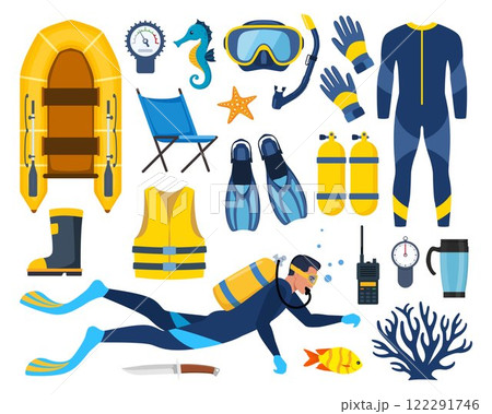 Scuba diving gear and accessories. Diver, aqualung, oxygen cylinders, wetsuit, scuba mask, snorkel, boat, camp, vest, flippers, life jacket, fins, boat, etc. Vector illustration Scuba diving gear and accessories. Diver, aqualung, oxygen cylinders, wetsuit, scuba mask, snorkel, boat, camp, vest, flippers, life jacket, fins, boat, etc. Vector illustration 122291746