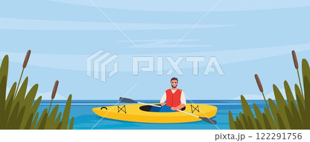 Man rowing with paddles in kayak, side view. Guy in life jacket rafting in sport boat with oars. Extreme water activity. Vector illustration. 122291756