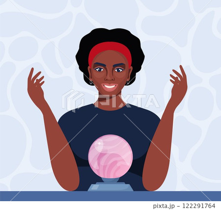 Black woman fortune teller character predicts fate at table with magic sphere. Witchcraft of woman over crystal ball. Vector illustration. 122291764