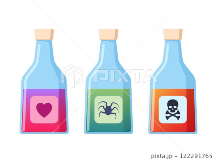 Flasks with potions. Magic bottles for witchcraft, elixir, love potion poison and antidote. Vector illustration. Flasks with potions. Magic bottles for witchcraft, elixir, love potion poison and antidote. Vector illustration. 122291765