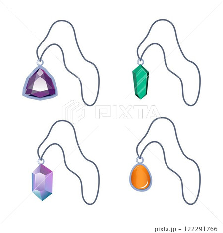 Collection of magic amulet pendant with crystal, diamond, precious stone in metal frame hanging on rope. Vector illustration. Collection of magic amulet pendant with crystal, diamond, precious stone in metal frame hanging on rope. Vector illustration. 122291766