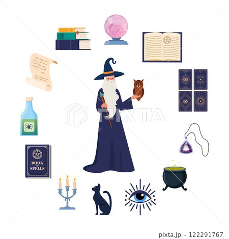 Old wizard man in robe and Magician tools. Wizard magic mystery amulet, spell book, crystal ball, evil eye, tarot cards, potion cauldron. Vector illustration. Old wizard man in robe and Magician tools. Wizard magic mystery amulet, spell book, crystal ball, evil eye, tarot cards, potion cauldron. Vector illustration. 122291767