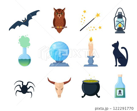 Magical attributes. Wizard magic wand, owl, black cat, candle, bat, crystal ball, potion cauldron. Vector illustration. Magical attributes. Wizard magic wand, owl, black cat, candle, bat, crystal ball, potion cauldron. Vector illustration. 122291770