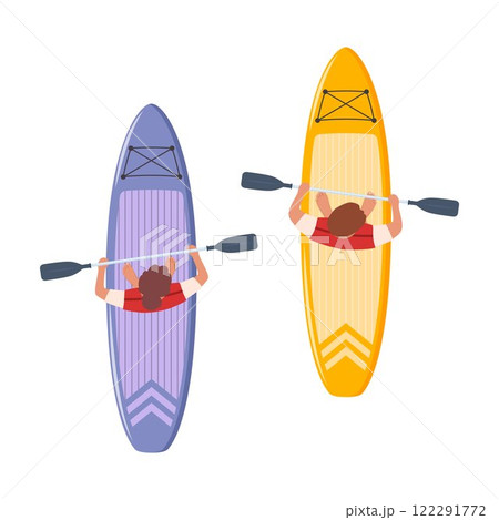 Man and woman standing on sup boards on water, holding oar, top view. Advertising of sports school, teaching to ride SUP. Vector illustration. Man and woman standing on sup boards on water, holding oar, top view. Advertising of sports school, teaching to ride SUP. Vector illustration. 122291772