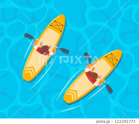 Man and woman standing on sup boards on water, holding oar, top view. Advertising of sports school, teaching to ride SUP. Vector illustration. Man and woman standing on sup boards on water, holding oar, top view. Advertising of sports school, teaching to ride SUP. Vector illustration. 122291773