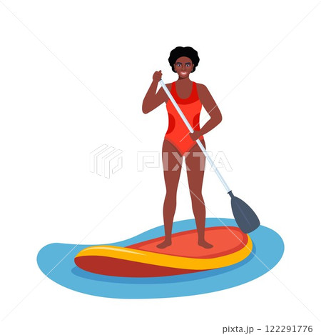 Happy black woman holds a paddle in his hands and stands on a sup board. Summer active rest on the sea or river. Sup boarding. Vector illustration. 122291776