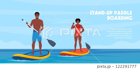 Sup boarding event poster design. Black man and woman standing on sup boards on water, holding oar and swims. Advertising of sports school, teaching to ride SUP. Vector illustration. Sup boarding event poster design. Black man and woman standing on sup boards on water, holding oar and swims. Advertising of sports school, teaching to ride SUP. Vector illustration. 122291777