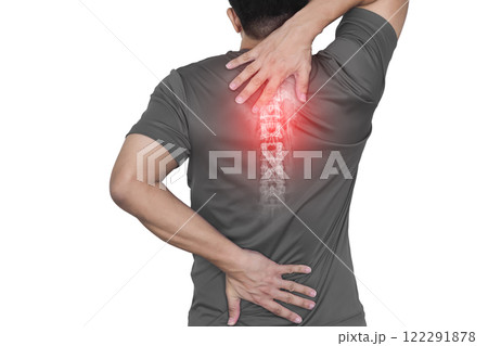 The man has back pain and bone pain. 122291878
