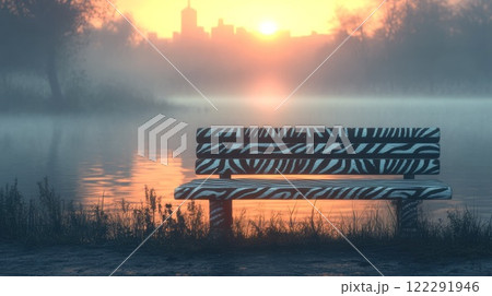 A shop painted to look like a zebra. In the background, the silhouette of the city, the soft yellow sun rays penetrating through the morning fog 122291946