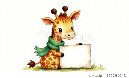Adorable giraffe in green scarf holding note with blank space for your text on white background 122291948