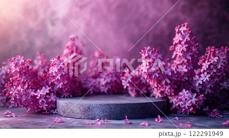 Beautiful lilac flower on podium for Mother's, Valentine's day, spring celebration. Generative AI 122291949