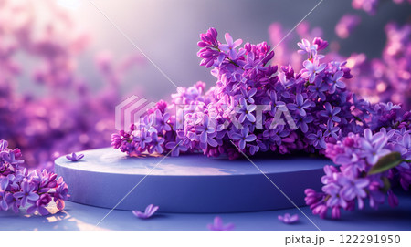 Beautiful lilac flower on podium for Mother's, Valentine's day, spring celebration. Generative AI 122291950