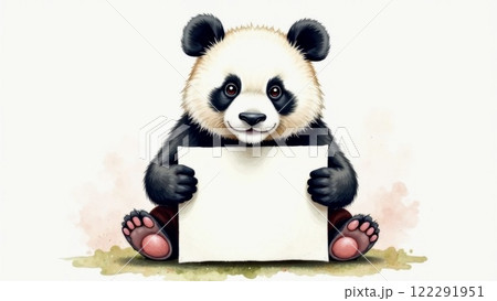 A funny panda holds a blank note in its paws on which you can write text 122291951