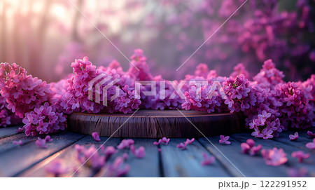Beautiful lilac flower on podium for Mother's, Valentine's day, spring celebration. Generative AI 122291952