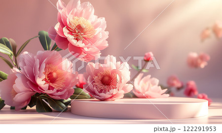 Pink peony flowers with podium for Mother's, Valentine's Day product presentation. Generative AI 122291953