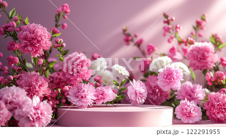 Pink peony flowers with podium for Mother's, Valentine's Day product presentation. Generative AI 122291955