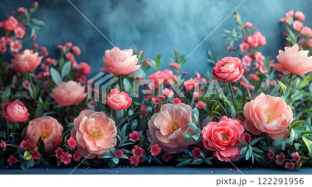 Peonies in full bloom background for Mother's Day, spring holidays background. Generative AI 122291956