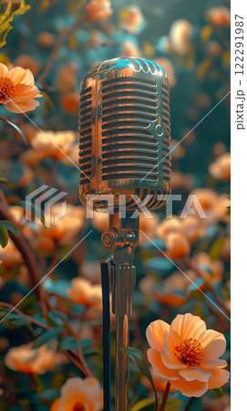 Announcement for a radio broadcast with vintage microphone, blooming roses at evening. Generative AI 122291987