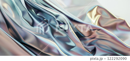 Shimmering Glossy Reflective Fabric in Iridescent Teal Beneath Soft Lighting. Generative AI 122292090