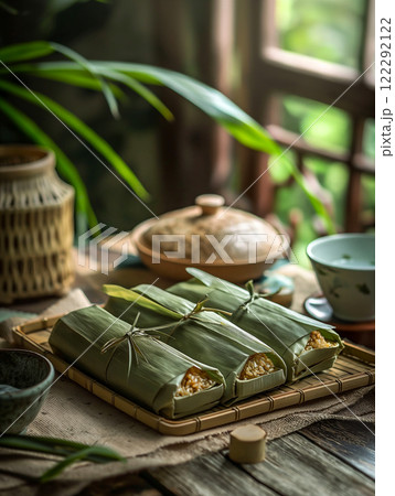 Wrapped bamboo leaves create rustic still life background on wooden table. Generative AI 122292122