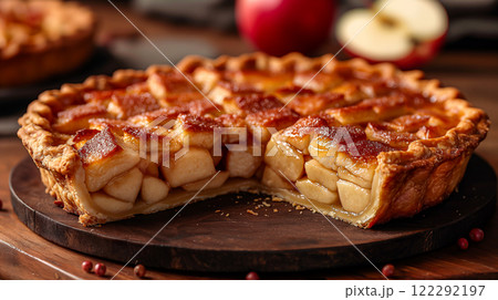 Freshly baked apple pie on wooden table surrounded by red apples. Generative AI 122292197