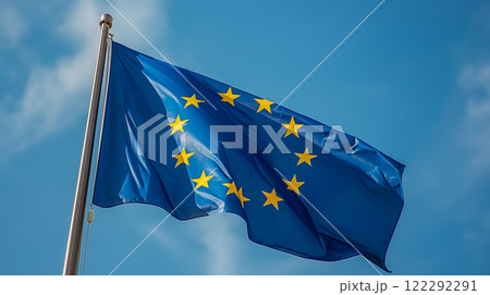 European Union flag waving against clear blue sky background on sunny day. Generative AI 122292291