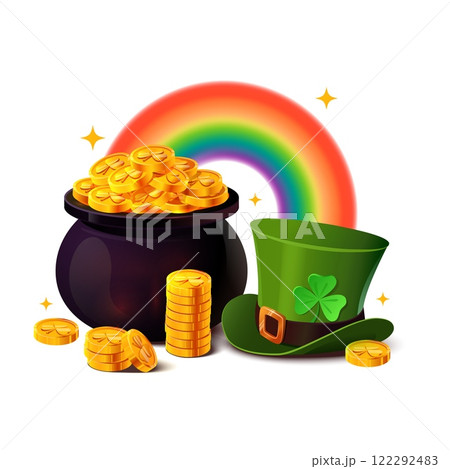 Vibrant vector illustration featuring a classic St. Patrick's Day theme with a pot of gold overflowing with shiny coins, a colorful rainbow, and a leprechaun hat adorned with a shamrock. Magical Vibrant vector illustration featuring a classic St. Patrick's Day theme with a pot of gold overflowing with shiny coins, a colorful rainbow, and a leprechaun hat adorned with a shamrock. Magical 122292483