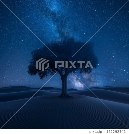 Milky Way shines over solitary tree in desert landscape at night. Generative AI 122292541