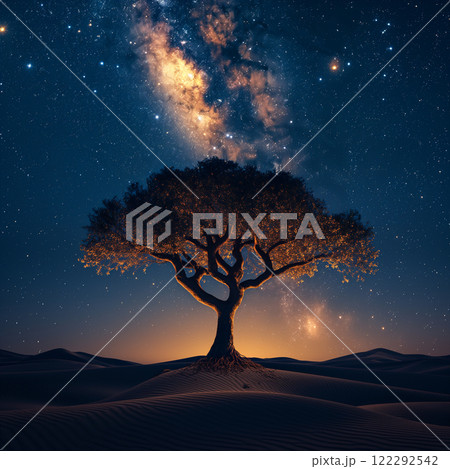 Milky Way shines over solitary tree in desert landscape at night. Generative AI 122292542