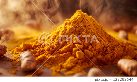 Vibrant turmeric powder displayed on a rustic wooden surface. Generative AI 122292544