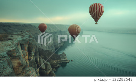 Colorful hot air balloons soar over rocky cliff landscape at sunrise. Generative AI 122292545