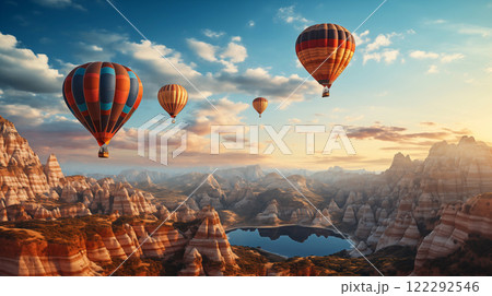 Colorful hot air balloons soar over rocky cliff landscape at sunrise. Generative AI 122292546