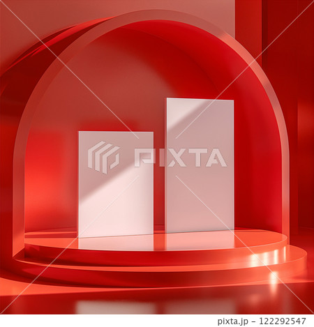 White paper sheets displayed on a red stage with curtains and soft lighting. Generative AI 122292547