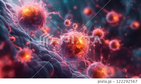 Colorful microscopic view of cells interacting in a surreal environment. Generative AI 122292567