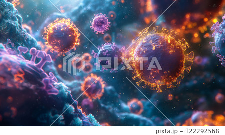 Colorful microscopic view of cells interacting in a surreal environment. Generative AI 122292568