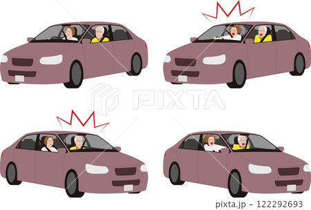 乗用車を運転するシニア高齢女性.驚く運転手と助手席の女性.呆然とするイラスト 122292693
